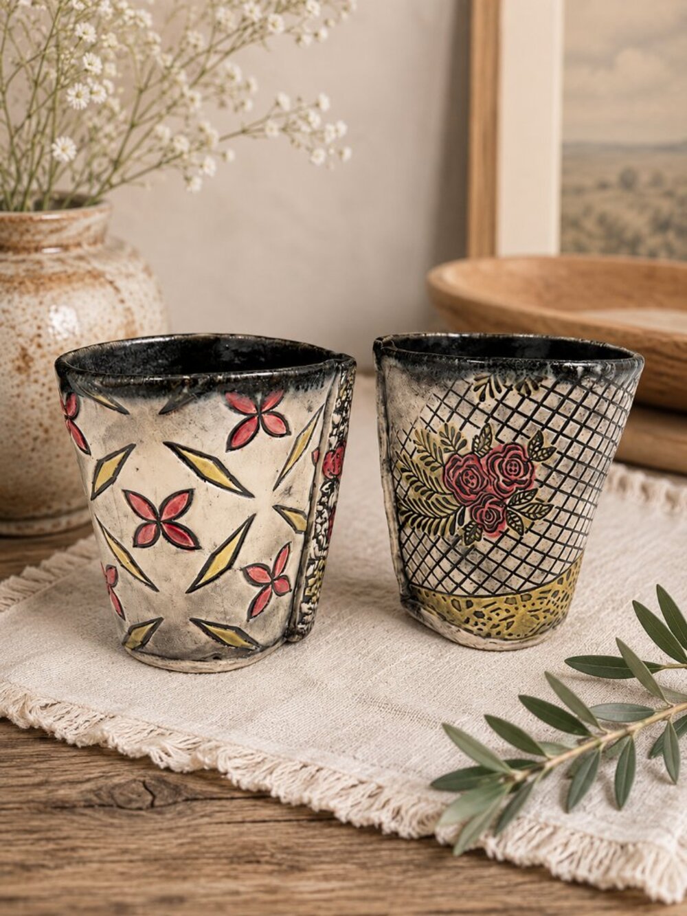 NEW CAT LADY CLAY 2x Handcrafted Floral Ceramic Tumbler Cup Artisan Pottery